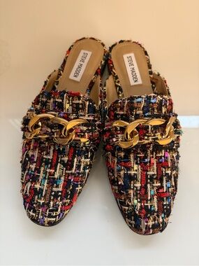 Steve Madden Multicolor Tweed Chain-Detail Mules